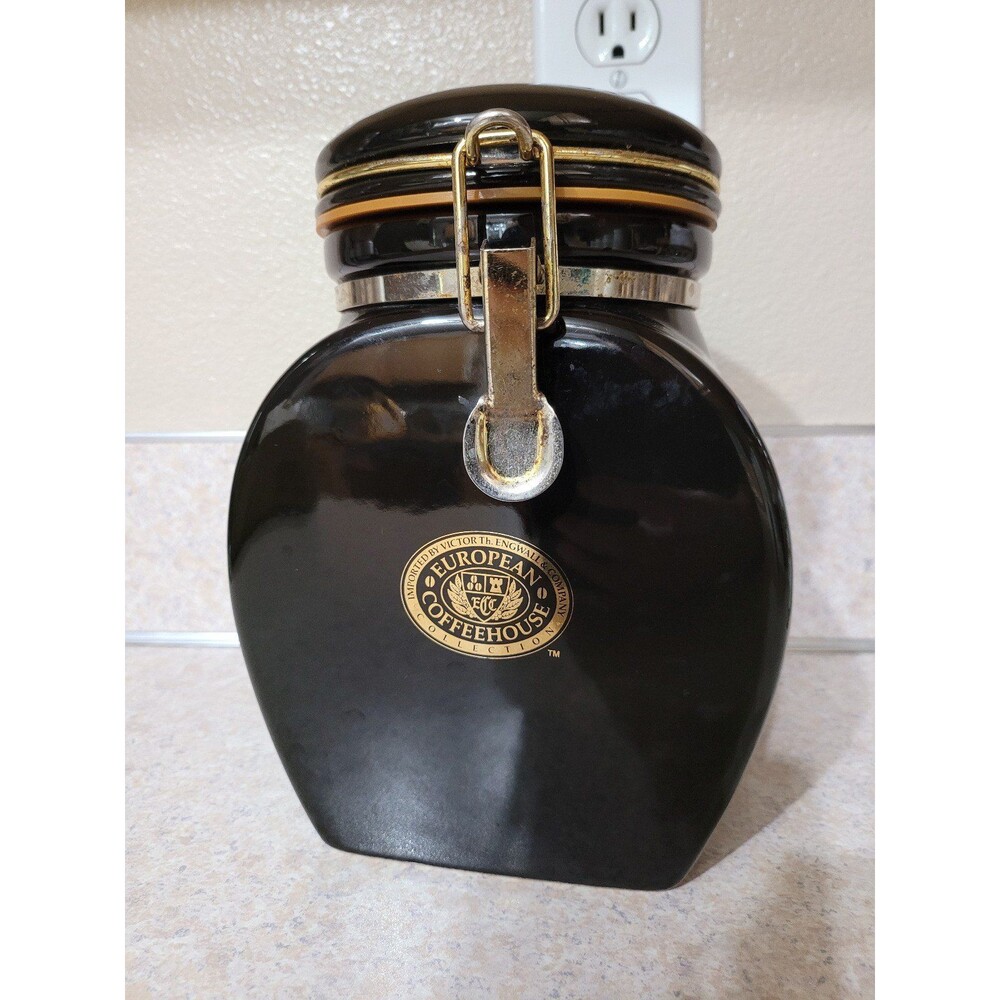 Vintage European Coffee House Collection Canister Black Ceramic Gold Trim - Picture 2 of 10